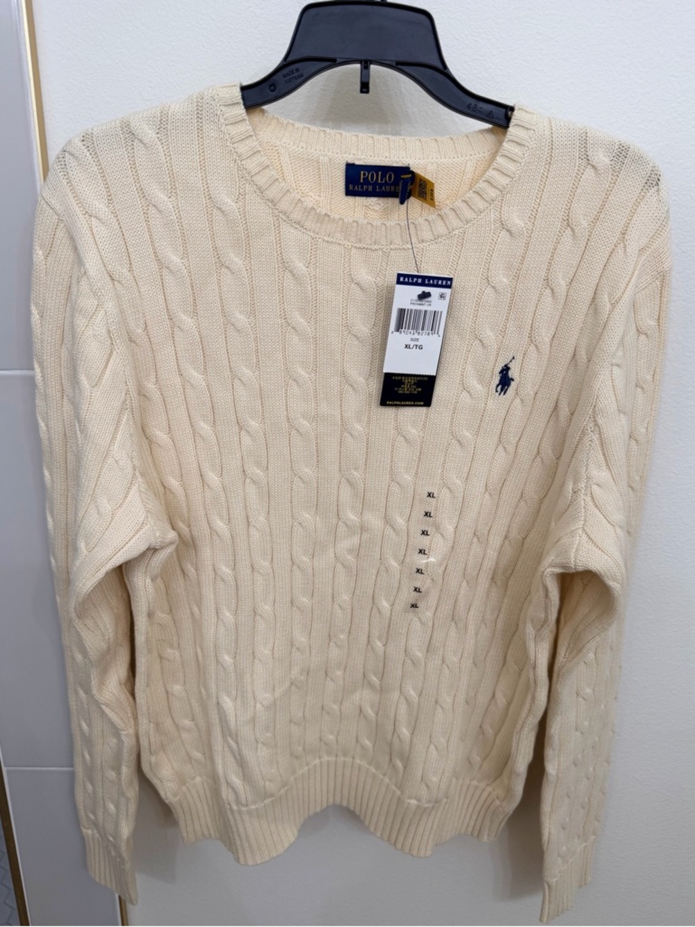 Ralph Lauren Cream Cable-Knit Crewneck Sweater with Navy Polo Pony